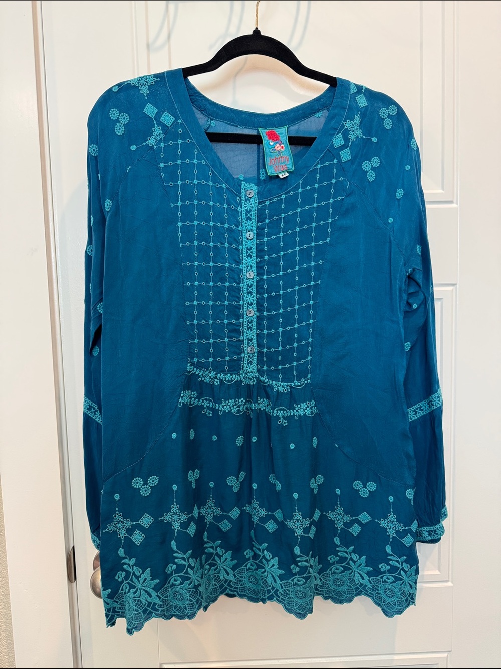 Johnny Was Teal Embroidered Long-Sleeve Tunic